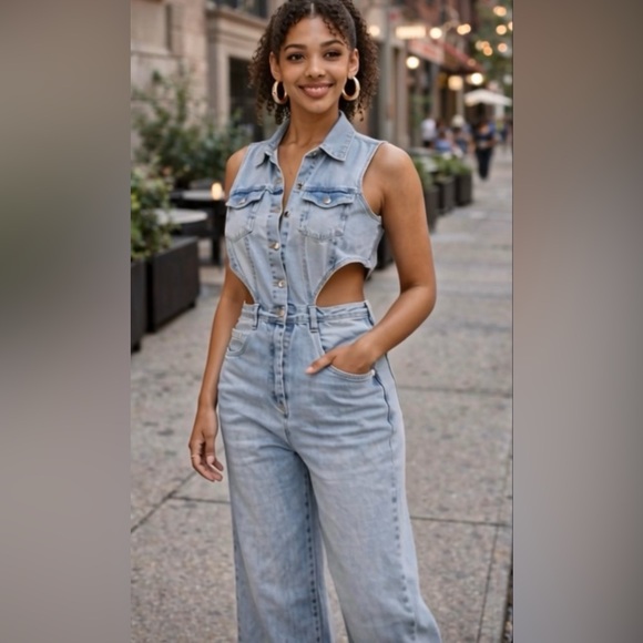 Fashion Nova Pants - Fashion Nova Light Wash Cutout Denim Jumpsuit